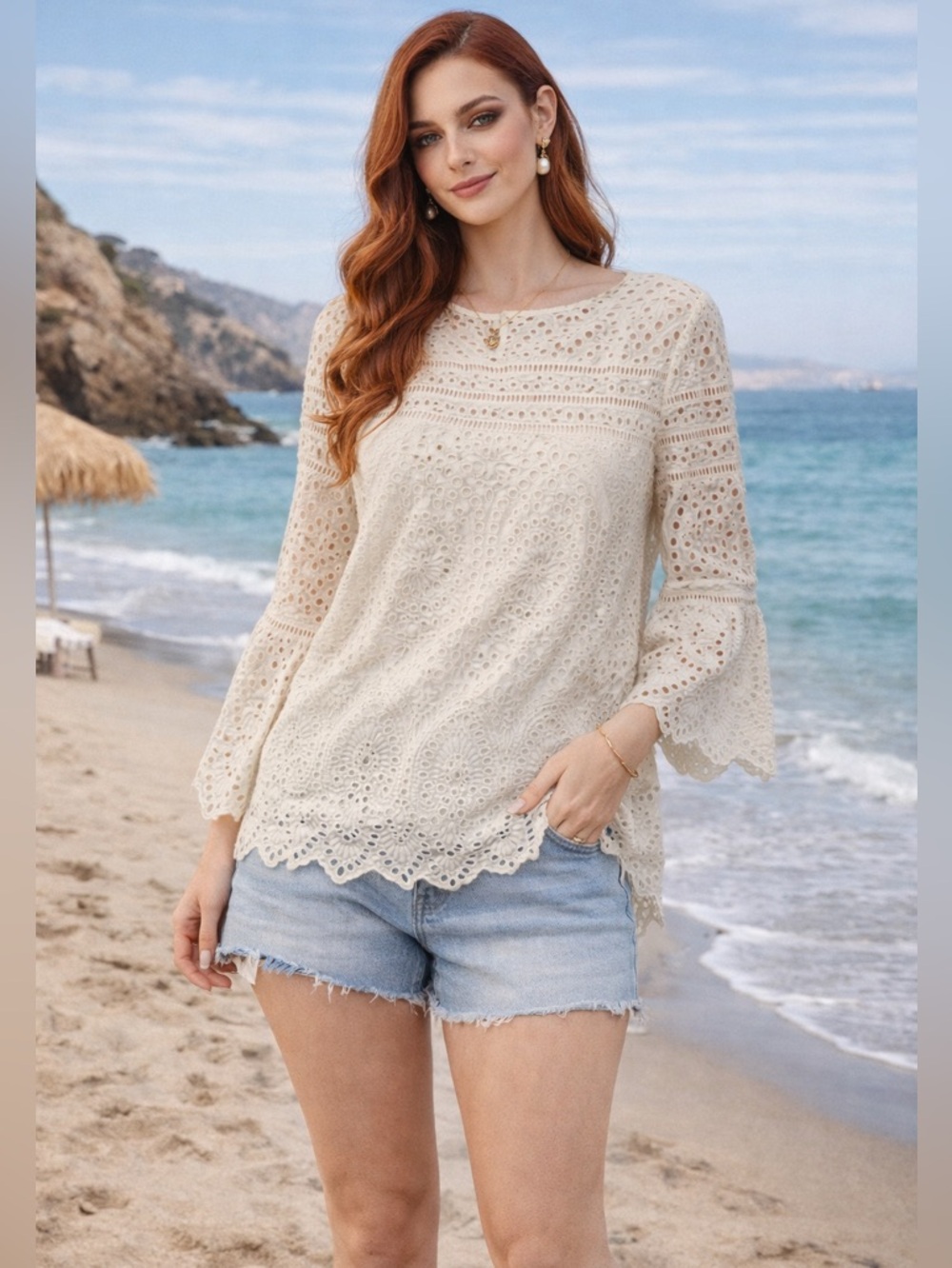White Lace Women's Cotton Top Cotton lined Bell Sleeve clean granny cottage